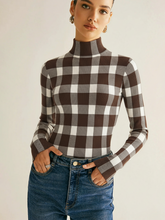 Checkered Wool-Blend Mock Neck Knit Top