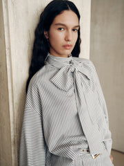Large Bow Neck Striped Blouse