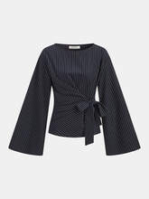 Flared Sleeve Pinstripe Wrap Blouse