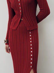 Collared Knit Top and Slit Skirt Set