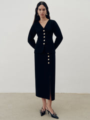 Metal Button Slit Maxi Skirt