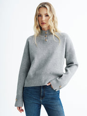 Button Detail Stand Collar Casual Sweater