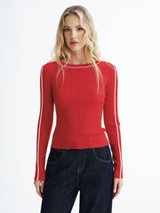 Contrast Trim Wool-Blend Ribbed Knit Sweater