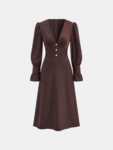 V-Neck Puff Sleeve Button Fitted Dress