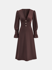 V-Neck Puff Sleeve Button Fitted Dress