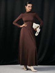 Mock Neck Corset Waist Long Sleeve Maxi Dress