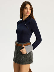 Asymmetric Button Striped Cuff Polo Top