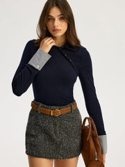 Asymmetric Button Striped Cuff Polo Top