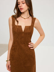 Suede Effect Low-Neck Sleeveless Maxi Dress