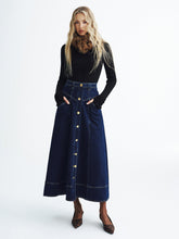 Metal Button Denim Midi Skirt