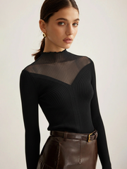 Mesh Panel Wool Blend Mock Neck Top