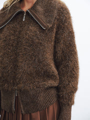 Oversized Collar Double-Zip Fuzzy Knit Jacket