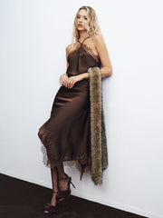 Lace Trim Satin Asymmetric Backless Midi Dress