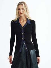 Denim Panel Ribbed Knit Cardigan