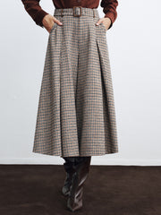 High-Waist Belted Houndstooth Wide-Leg Pants