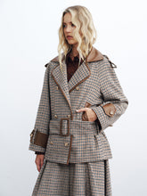 Faux Leather Trim Belted Houndstooth Coat