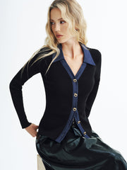 Denim Panel Ribbed Knit Cardigan