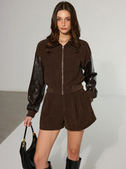 Faux Leather Panel Corduroy Zip-Up Jacket