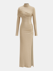 Mock Neck Ruched Slit Maxi Dress