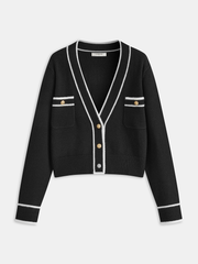 Contrast Trim Metal Button Wool-Blend Cardigan