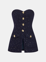 Metal Button Sequin Tweed Strapless Vest