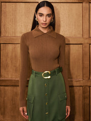 Wool Blend Collared Long Sleeve Knit Top