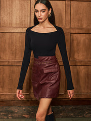 Belted Asymmetric Faux Leather Mini Skirt