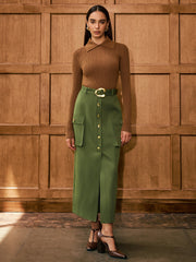 Metal Button Belted Slit Maxi Skirt