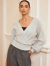 Cable Knit Wrap V-Neck Balloon Sleeve Sweater