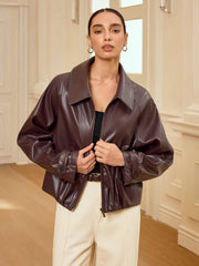 Collared Zip-Up Faux Leather Jacket