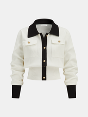 Metal Button Contrast Trim Knit Top