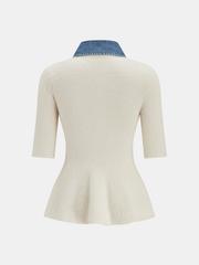 Denim Panel Wool-Blend Peplum Knit Top