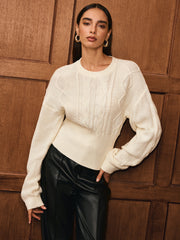 Cinched Waist Cable-Knit Wool-Blend Sweater