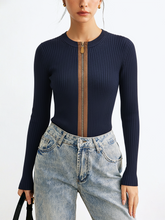 Zip-Front Suede Panel Ribbed Knit Top