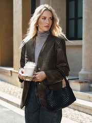 Woven-Texture Faux Leather Blazer