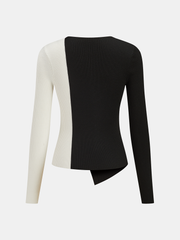 Asymmetric Color Block Metal Button Ribbed Knit Top