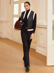 Shearling Trim Zip-Up Faux Leather Vest