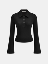 Flared Sleeve Polo Neck Fitted Top