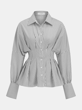 Cinched Waist Peplum Button-Front Striped Shirt
