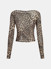 Sheer Mesh Leopard Print Long-Sleeve Top