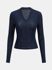 V-Neck Textured Knit Fitted Long-Sleeve Top