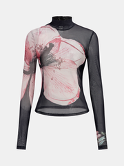 Sheer Mesh Mock Neck Floral Top