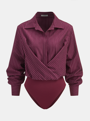 Pinstripe Cross-Front Collared Bodysuit