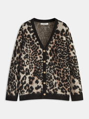Wool Blend Leopard Print Metal Button Cardigan