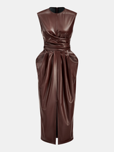 Sleeveless Slit PU Leather Draped Midi Dress