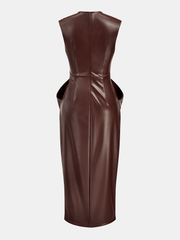 Sleeveless Slit PU Leather Draped Midi Dress