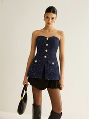 Metal Button Sequin Tweed Strapless Vest
