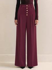 High-Waist Metal Button Pleated Wide-Leg Pants