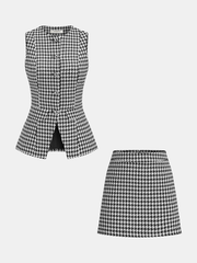 Houndstooth Buttoned Vest and Mini Skirt Set