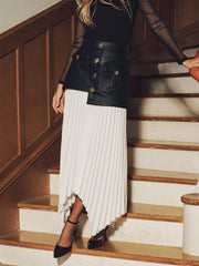 Faux Leather Paneled Asymmetric Pleated Maxi Skirt